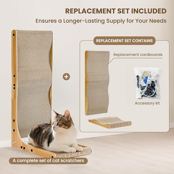 Cat Scratcher with Replacement Cardboard, 27.6" L Shape Wall Mounted Cardboard Cat Scratchers for Indoor Cats, Large Protecting Furniture Cat Scratch Pad with Ball Toy, Catnip
