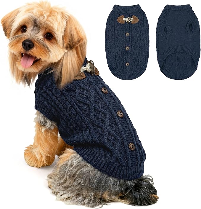 WOYYHO Dog Sweater for Small Dogs, Cable Knit Pullover with Cow Horn Button, Warm Round Neck Winter Knitted Clothes for Puppy Chihuahua Yorkie Dachshund, Navy Blue M