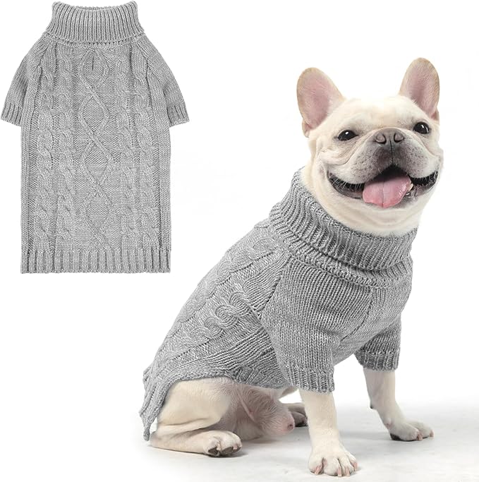 KOOLTAIL Dog Sweater for Large Medium Small Dogs, Fall Dog Sweaters, Turtleneck Cable Knitwear Pet Cold Weather Coats with Leash Hole, Warm Winter Pullover Clothes for Bulldog, Yorkie,Boy Girl,Grey M