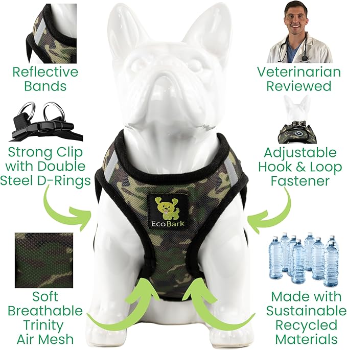 EcoBark Step in Dog Harness - Eco-Friendly Dog Harnesses for Small and Medium Breed Dogs - Reflective and Adjustable Body Halter Vest - Soft Mesh Toy Breed Harness (Camo, Large)