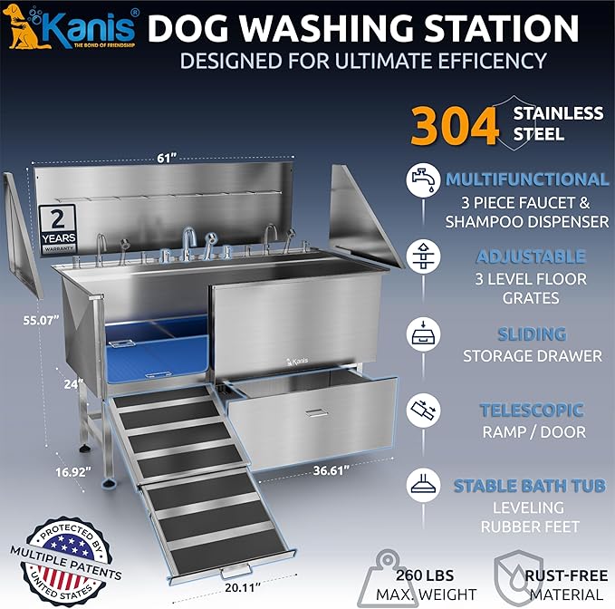KANIS Professional Dog Washing Station - 304 Stainless Steel Pet Wash Sink & Grooming Bathtub w/Shower, Floor Grates and Storage for Large, Medium & Small Pets (61", 1 Drawer - Left Ramp)