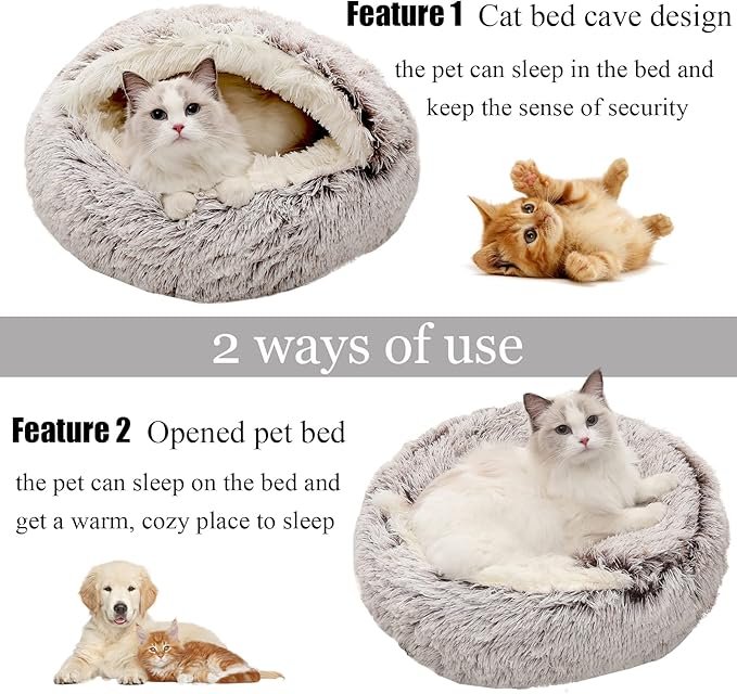 Calming Dog Beds & Cat Cave Bed with Hooded Cover,Removable Washable Round Beds for Small Medium Pets,Anti-Slip Faux Fur Fluffy Coved Bed for Improved Sleep,Fits up to 15/25 lbs (Small,20"x20")