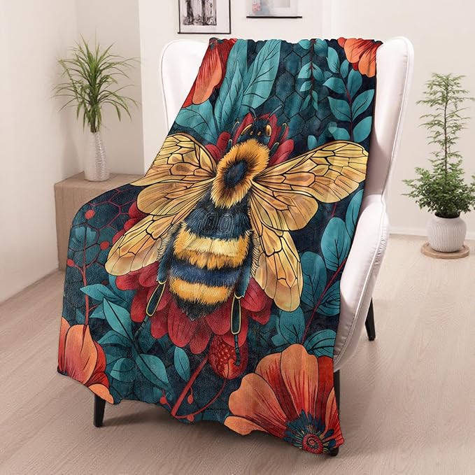 Bee Gifts, Honeybee Theme Blanket for Adults Women Kids, 80x60 in, Cozy Fuzzy Warm Soft Throw Blankets for Bedroom, Camping, Couch, Decor
