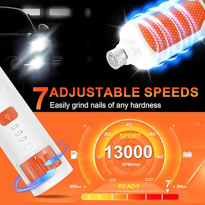 Dog Nail Grinder 7-Speed & 360° LED Light, Professional Pet Nail Grinder for Dogs and Cats, Electric Dog Nail Trimmer Painless Paws Grooming & Smoothing Tool for Large Small Dogs Cats Pets