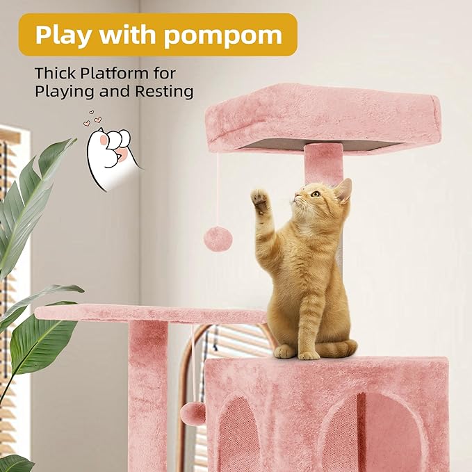 Cat Tree 54-Inch Cat Tower with Padded Plush Perch 2 Comfy Caves, Scratching Posts, Basket, 2 Pompoms, Multi-Level Plush Cat Condo for Indoor Cats Kittens, Pink