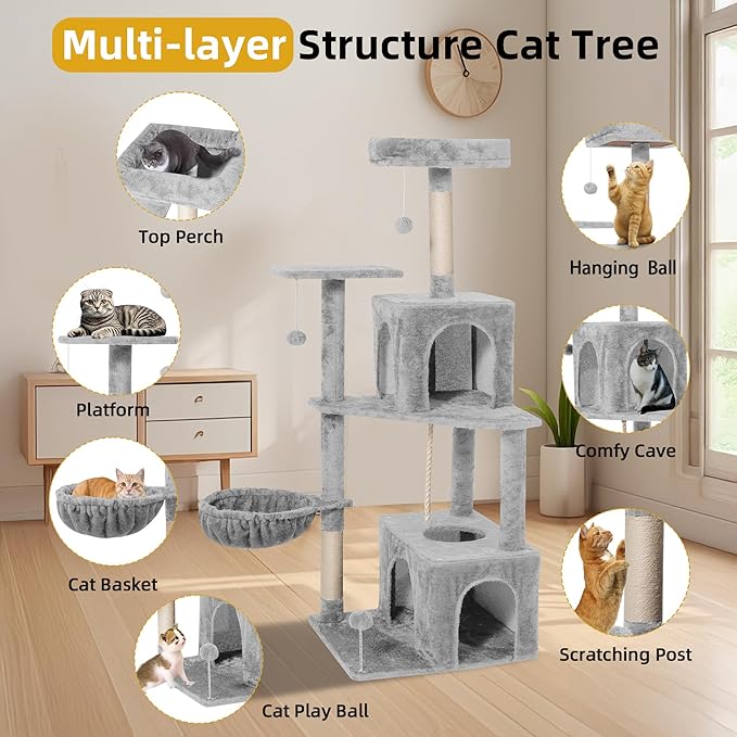 Cat Tree 54-Inch Cat Tower with Padded Plush Perch 2 Comfy Caves, Scratching Posts, Basket, 2 Pompoms, Multi-Level Plush Cat Condo for Indoor Cats Kittens, Light Gray