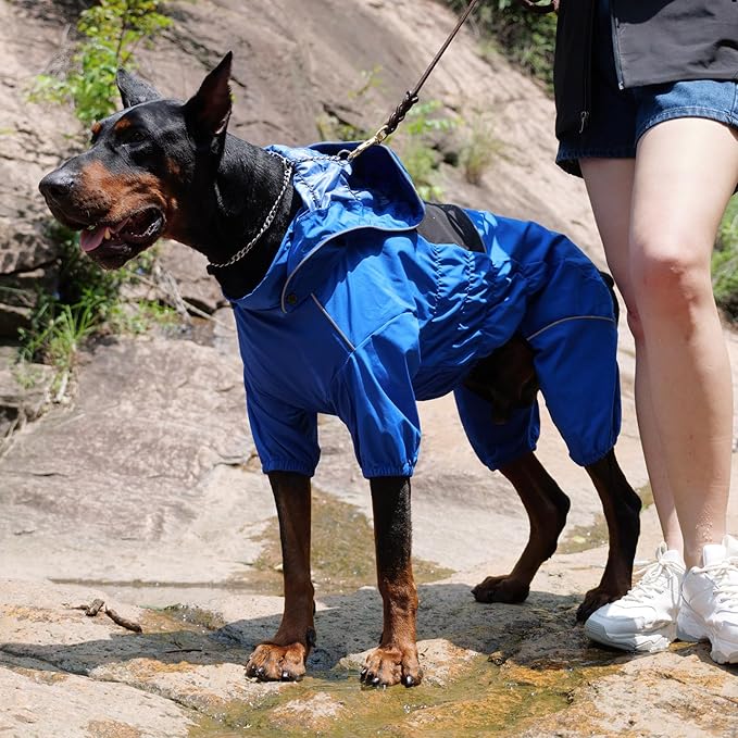 LOVELONGLONG Waterproof Dog Raincoat with Removable Hood – Outdoor Full Body Dog Jacket, Windproof Snowproof Shell Suit – All Season Pet Rain Gear Blue 3XL