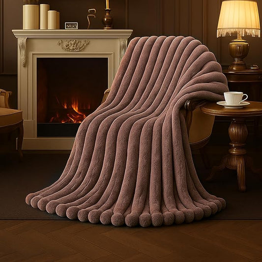 Amélie Home Faux Fur Throw Blanket for Couch, Cozy Fuzzy Fluffy Fur Luxurious Soft Striped Plush Gift Blankets for Family Sofa Chair Bedroom, 55"x70", Light Coffee