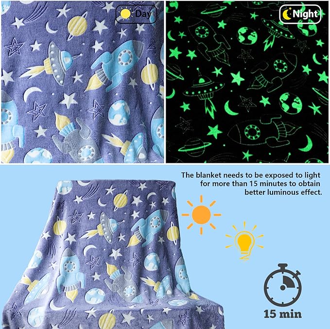 Best Gift Halloween Space Glow in The Dark Rocket Throw Blanket with Storage Bag, Soft Throw Blanket for Boys, Gifts for Christmas Birthday New Year, Kids Blanket, Day Care Home Use, 50"x60" Blue