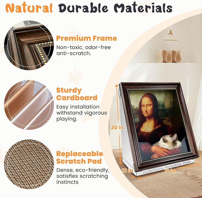 Mona Lisa Cat Bed Painting Cat Scratcher Bed CartBoard Cat House for Indoor Cats Half-Surround Design W/Horizontal Cat Scratcher Scratching Board W/Catnip (B2-Pearl Earrings, Frame Pre-Taped)
