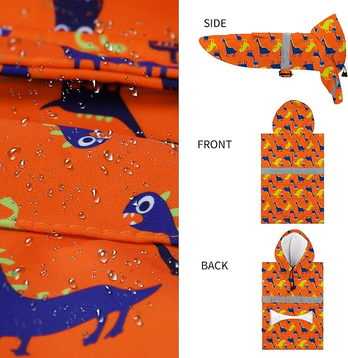 NACOCO Large Dog Raincoat Adjustable - Pet Dinosaurs Water Proof Clothes Lightweight Rain Jacket Poncho Hoodies with Strip Reflective Blue (XXXL, Orange Dinosaur)