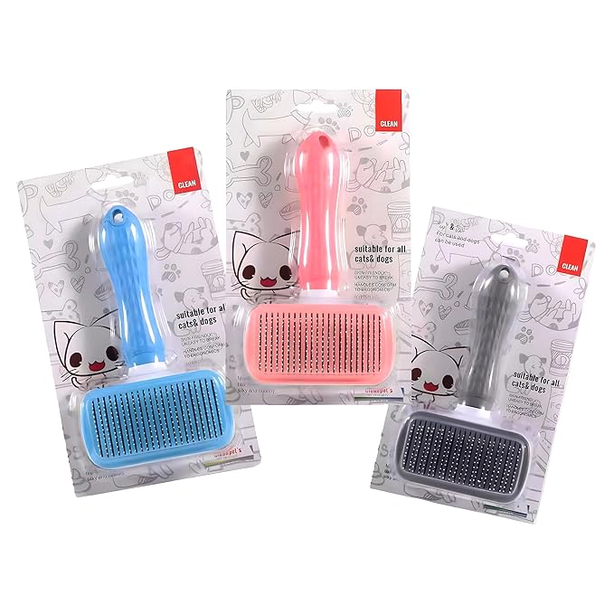 Generic Pet Grooming Brush, Gray - Self Cleaning Dematting Comb for Cats and Dogs, Bristles with Massage Particles, Ergonomic Handle Design, Easy to Use, for Long or Short Hair Breeds, Stainless Steel