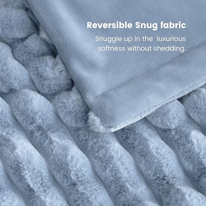 Cozy Bliss Faux Fur Throw Blanket for Couch, Cozy Warm Plush Striped Blanket for Sofa Bedroom Living Room, 60 * 80 Inches Light Blue