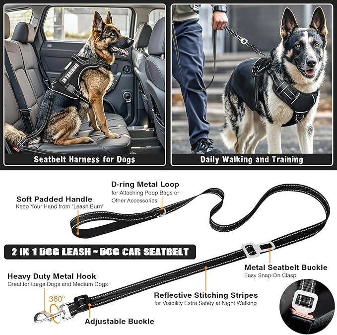 Tactical Dog Harness and Leash Set for Large Dogs,Heavy Duty No Pull Service Dog Vest and 10 Patches with Dog Seat Belt,Reflective Adjustable Pet Harness for Training Walking Hiking Black L