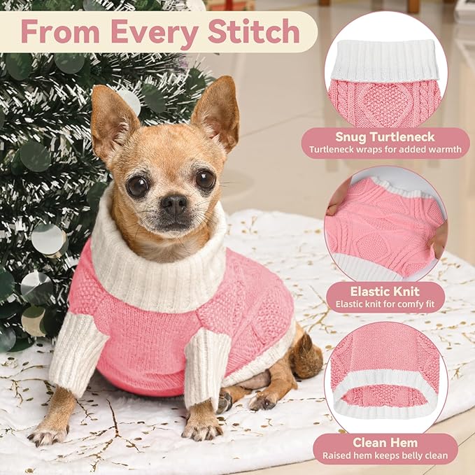 Dog Sweater for Small Dogs Argyle Cable Knit Turtleneck Pullover Winter Clothes Boys Girls Stretch Puppy Doggie Chihuahua Yorkie Pomeranian Toy Poodle Pet (S, Pink)