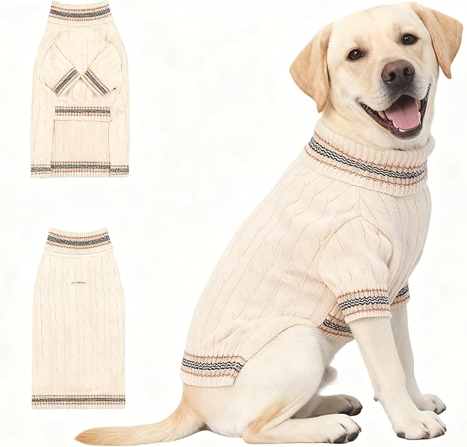 Medium/Large Dog Sweater, Warm Dog Winter Coat w/Sleeves, Comfortable High Neck & Leash Hole, Premium Dog Clothes for Labrador-Best for Holidays, Daily Walks XL White