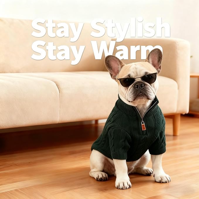 Medium/Large Dog Sweater, Warm Dog Winter Coat w/Sleeves, Comfortable High Neck Premium Dog Clothes for Bulldog-Best for Holidays, Daily Walks L Green