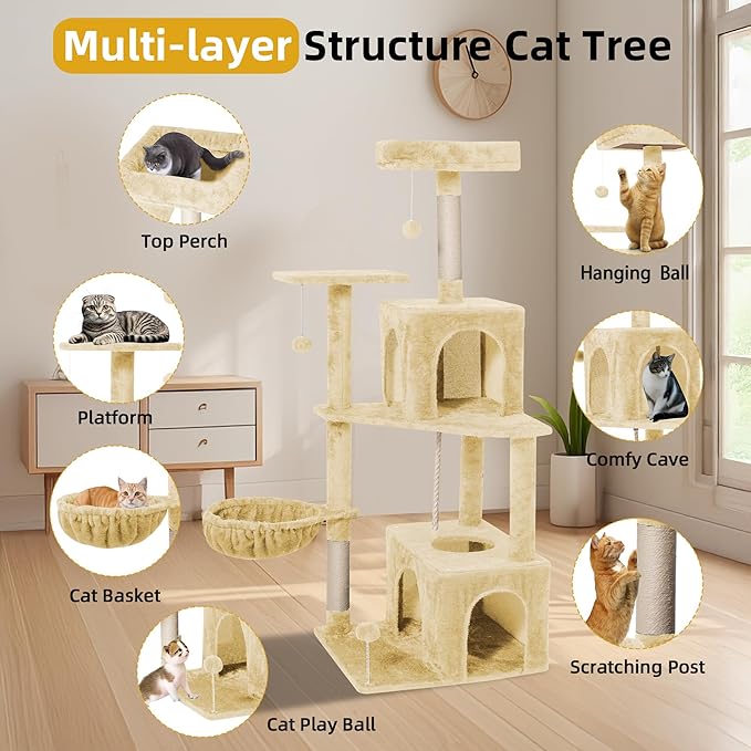Cat Tree 54-Inch Cat Tower with Padded Plush Perch 2 Comfy Caves, Scratching Posts, Basket, 2 Pompoms, Multi-Level Plush Cat Condo for Indoor Cats Kittens, Beige