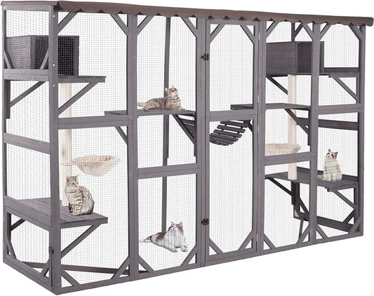 Aivituvin Catio Outdoor Cat Enclosure Window Box Wall Mounted Wooden Cat House Playground with Scratching Posts, Baskets, Resting House, Shelves and Bridge for Multiple Kitties,104" x 34" x 69.5"