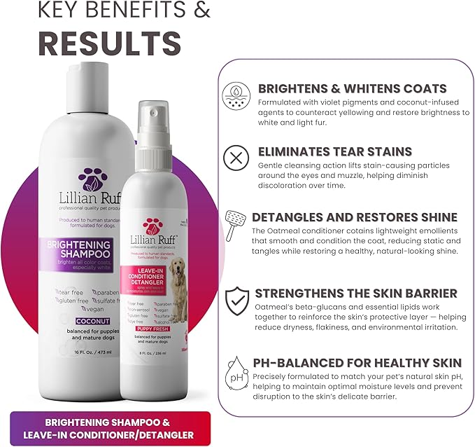 Lillian Ruff PRO Formula Ultra Brightening Dog Shampoo & Leave-in Conditioner Detangler Set - Professional Whitening, Stain Removal, Dematting, Detangling & Odor Control with Aloe & Provitamin B5