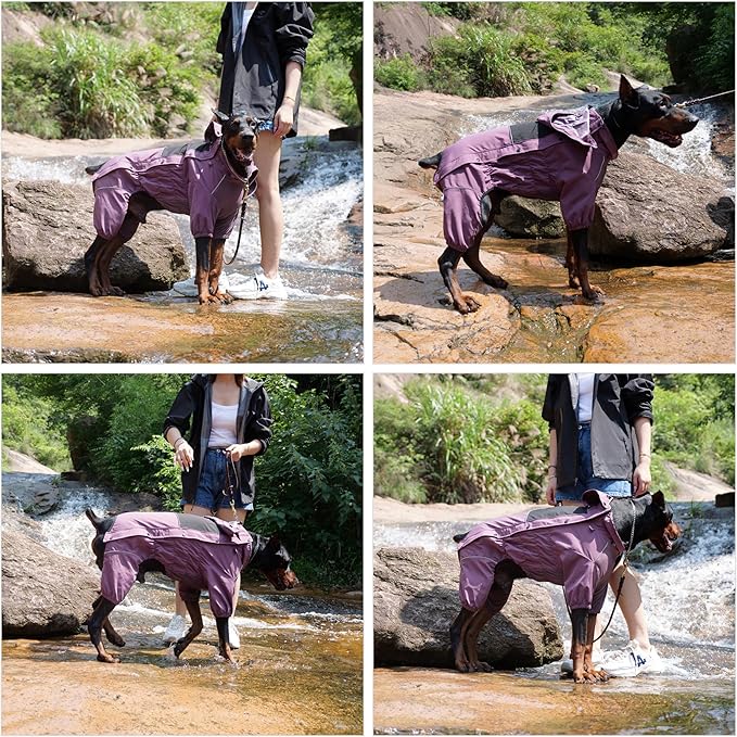 LOVELONGLONG Waterproof Dog Raincoat with Removable Hood – Outdoor Full Body Dog Jacket, Windproof Snowproof Shell Suit – All Season Pet Rain Gear Plum Purple XL
