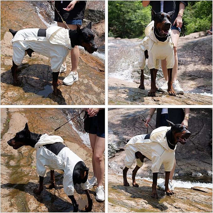 LOVELONGLONG Waterproof Dog Raincoat with Removable Hood – Outdoor Full Body Dog Jacket, Windproof Snowproof Shell Suit – All Season Pet Rain Gear Ivory L
