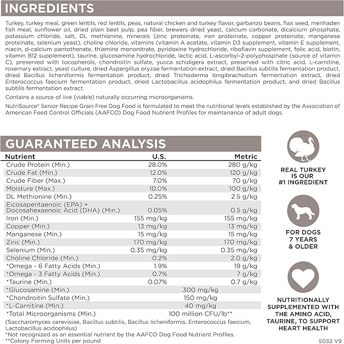 NutriSource Senior Grain Free Dry Dog Food, Turkey, Turkey Meal and Menhaden, 26LB
