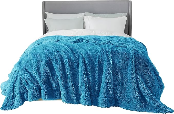 Bedsure GentleSoft Fluffy Bright Blue King Size Blanket for Bed, Thick Soft Sherpa Faux Fur Fleece Bedding Fuzzy Plush Winter Warm Heavy Large King Blanket, Cozy Blue Gifts for Men Women, 108x90