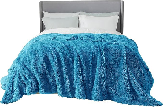 Bedsure GentleSoft Fluffy Bright Blue King Size Blanket for Bed, Thick Soft Sherpa Faux Fur Fleece Bedding Fuzzy Plush Winter Warm Heavy Large King Blanket, Cozy Blue Gifts for Men Women, 108x90