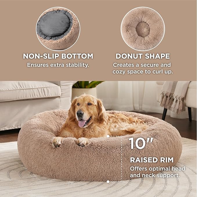 Bedsure Calming Dog Bed for Extra Large Dogs - Donut Washable Large Pet Bed, 45 inches Anti-Slip Round Fluffy Plush Faux Fur Dog Bed, Fits up to 120 lbs Pets, Camel