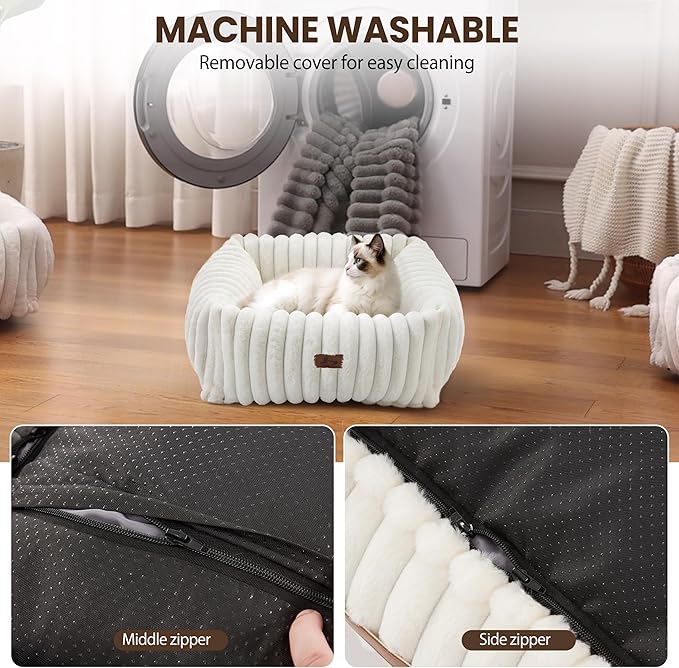 Orthopedic Dog Bed for Small Medium Dogs - Washable Rectangle Corduroy Fleece Pet Bed with Removable Cover and Nonskid Bottom, Calming Puppy Bed Soft Pet Sofa, Cream(20x19x6inchs)