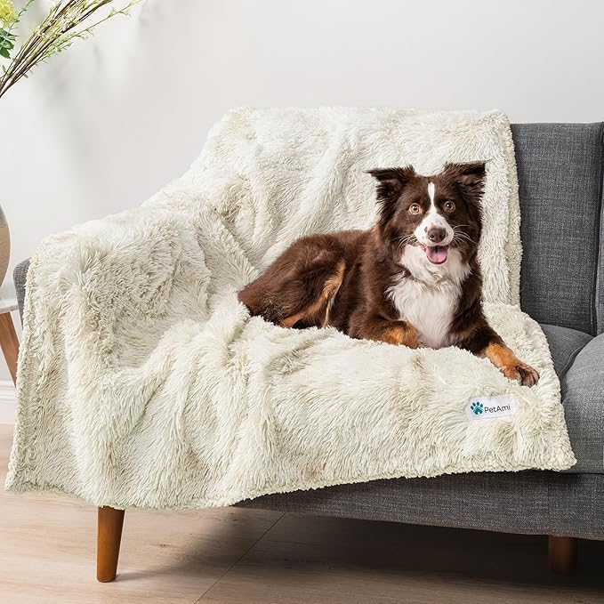 PetAmi Waterproof Dog Blanket for Large Dog, Queen Size Calming Pet Blanket Couch Cover Protector, Sherpa Faux Fur Cat Throw for Sofa Furniture Bed, Soft Fluffy XL, 90x90 Cream Beige