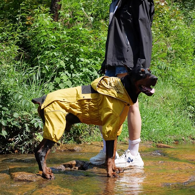 LOVELONGLONG Waterproof Dog Raincoat with Removable Hood – Outdoor Full Body Dog Jacket, Windproof Snowproof Shell Suit – All Season Pet Rain Gear Mustard Yellow XXS