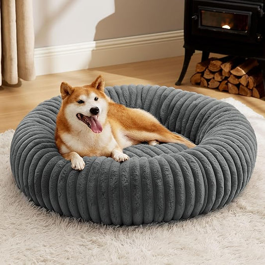 Bedsure Donut Large Dog Bed - Washable Faux Fur with Corduroy Fleece & Anti Slip Bottom, Round Pet Bed with Removable Cover, Warm Grey, 36x36x8 inches