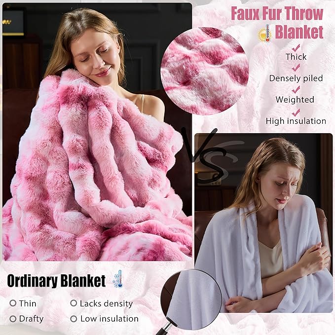 Faux Fur Throw Blanket for Couch, Fluffy Fuzzy Plush Bubble Blanket, Soft Warm Cozy Shaggy Rabbit Blanket, Luxury Decorative Gifts for Sofa Bedroom Living Room, 60x50inch (Tie-Dye-Pink)