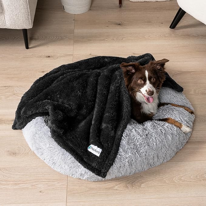 PetAmi Fluffy Waterproof Dog Blanket for Small Medium Dogs, Soft Warm Pet Sherpa Throw Pee Proof Couch Cover, Reversible Cat Puppy Bed Blanket Sofa Protector, Plush Washable Pad (Black, 24x32)