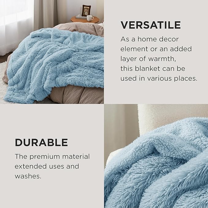 Bedsure GentleSoft Fluffy Light Blue King Size Blanket for Bed, Thick Soft Sherpa Faux Fur Fleece Bedding Fuzzy Plush Winter Warm Heavy Big Large King Blanket, Cozy Blue Gifts for Men Women, 108x90