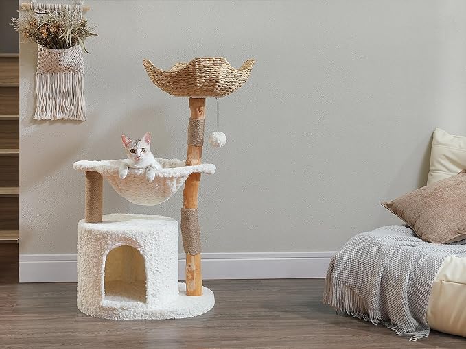 Modern Cat Tree for Large Cats, Wood Cat Tower for Indoor Cats, Real Branch Luxury Cat Furniture with Super Large Cozy Condo and Hammock & Scratching Post, Top Basket, White