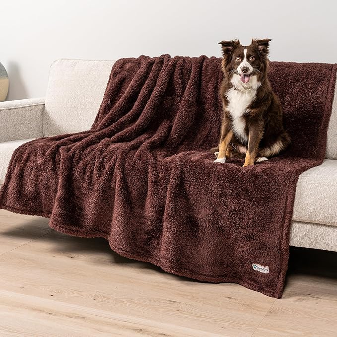 PetAmi Fluffy Waterproof Dog Blanket for Bed Large Dogs, Soft Warm Pet Sherpa Throw Pee Proof Couch Cover, Reversible Cat Blanket Sofa Crate Kennel Protector, Washable Mat Queen (Brown, 90x90)