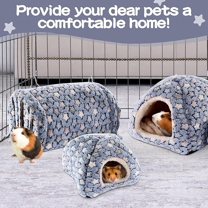 MABOZOO 3 Pack Guinea Pig House Accessories, Washable 2 Guinea Pig House and Hideout Tunnel with Curtains, Chinchilla Hideout for Hamster, Rabbit, Bunny, Chinchillas (Blue-Star)