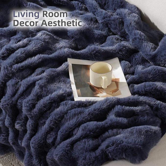 Smoofy Faux Fur Throw Blanket for Couch – Navy Blue Fluffy Cozy Rabbit Fleece, Plush Soft Bubble Blanket for Sofa & Bed, for Mom, Warm Fuzzy Home Room Decor Throw 50" x 60"