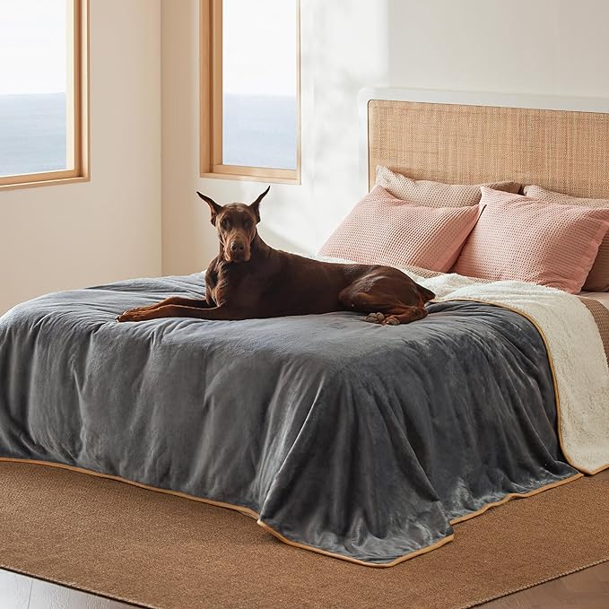 Bedsure Waterproof Blanket for Bed Intimacy- Sherpa Fleece Waterproof Dog Blankets for Large Dogs, Pet Blankets for Bed/Couch, Soft Plush Reversible Furniture Protector, King Size, 108"x86", Grey