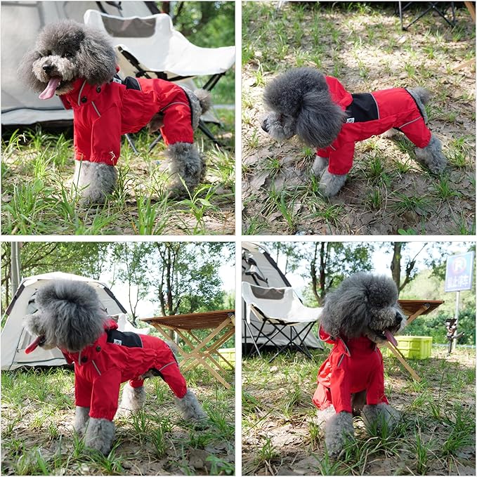 LOVELONGLONG Fleece-Lined Dog Raincoat with Removable Hood – Waterproof Winter Full Body Dog Jacket – Windproof Snowproof Cold-Weather Suit – Red-F XXS