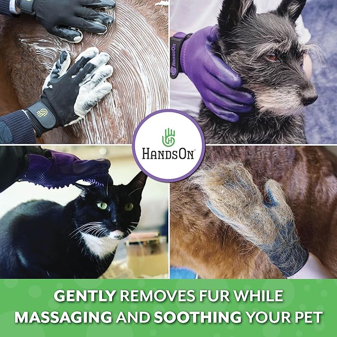 H HandsOn Pet Grooming Gloves - Patented #1 Ranked, Award Winning Shedding, Bathing, & Hair Remover Gloves - Gentle Brush for Cats, Dogs, and Horses (Black, Small)