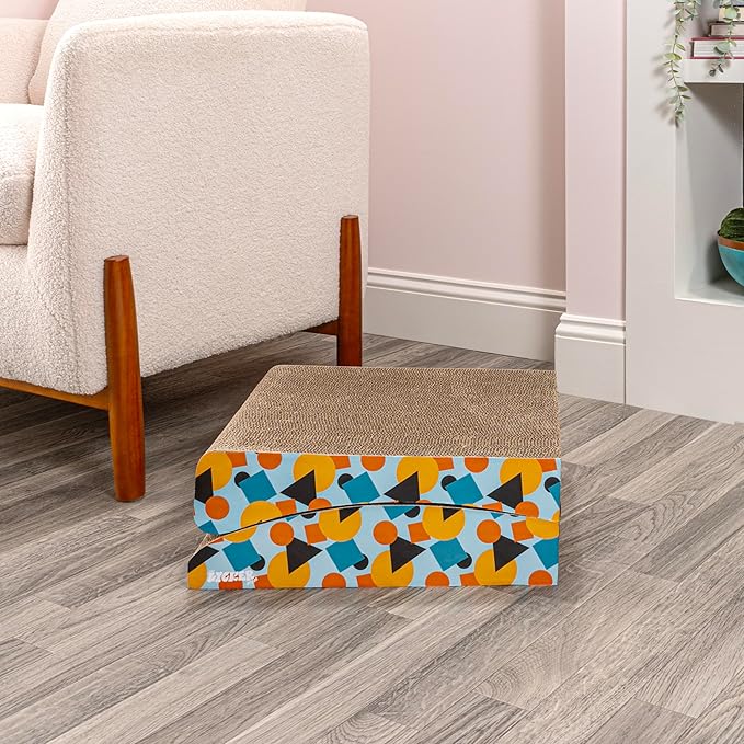 CSR1011A Eero 32" Modern Cardboard Foldable Lounge Cat Scratcher with Catnip, Blue/Orange