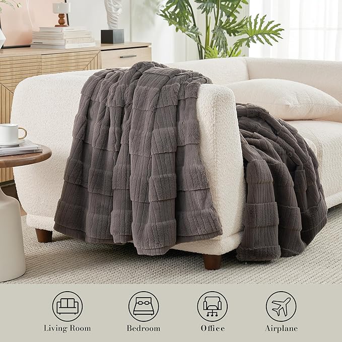 Amélie Home Luxury Striped Faux Fur Throw Blanket for Bed Queen Size, Soft Cozy Fuzzy Fluffy Plush Gift Blankets for Women, 88"x90", Charcoal Gray