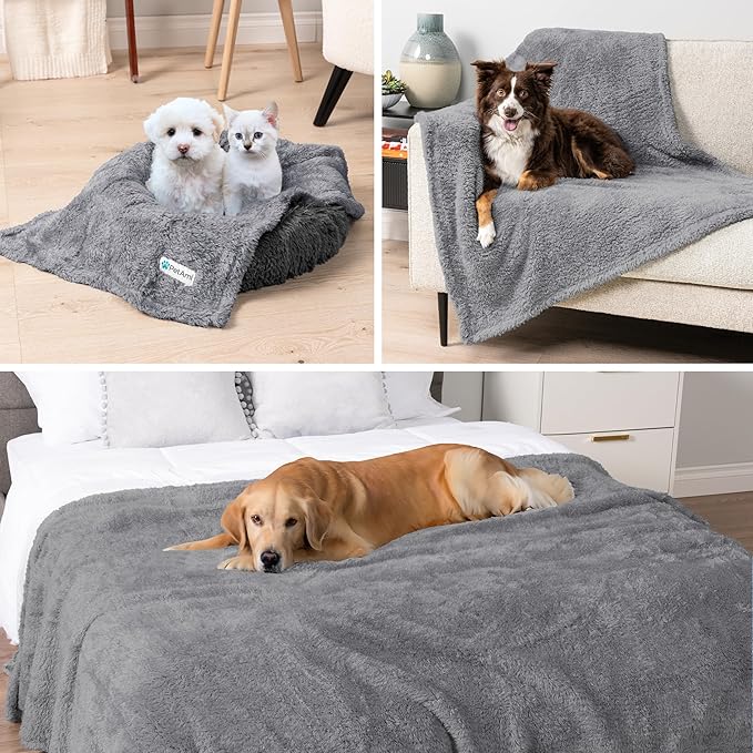 PetAmi Fluffy Waterproof Dog Blanket for Bed Large Dogs, Soft Warm Pet Sherpa Throw Pee Proof Couch Cover, Reversible Cat Blanket Sofa Crate Kennel Protector, Washable Mat Queen (Light Grey, 90x90)