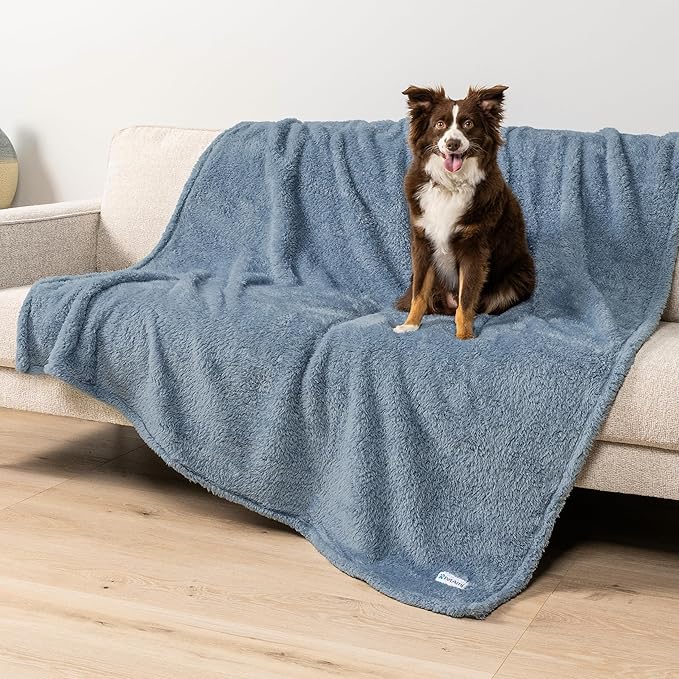 PetAmi Fluffy Waterproof Dog Blanket for Bed Large Dogs, Soft Warm Pet Sherpa Throw Pee Proof Couch Cover, Reversible Cat Blanket Sofa Crate Kennel Protector, Washable Mat (Dusty Blue, 60x80)
