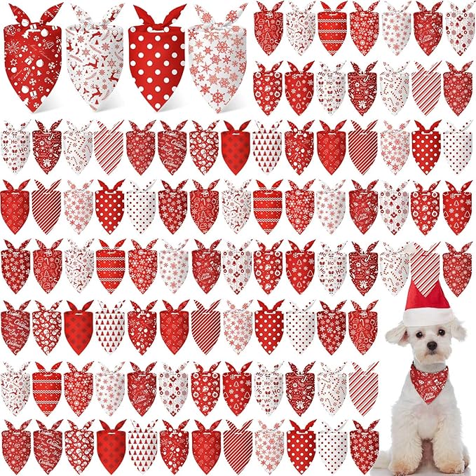 Chunful 100 Pieces Christmas Dog Bandanas Bulk Red and White Xmas Bandanas for Dogs Triangle Scarf Bib Kerchief Set for Small Medium Large Doggie Christmas Costume Decor(25.6 x 17.7 x 17.7)