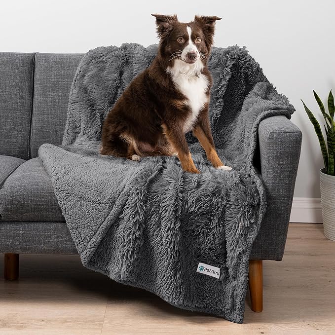 PetAmi Waterproof Dog Blanket for Small Medium Dogs, Calming Fleece Cat Blanket, Couch Protector Washable Sherpa Faux Fur Pet Throw for Puppy, Soft Reversible 29x40 Gray
